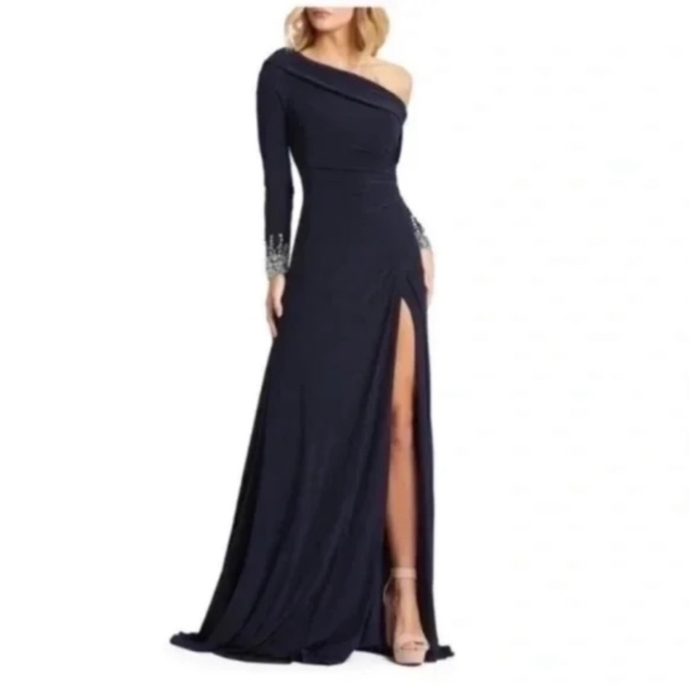 MAC DUGGAL One-Shoulder Long Sleeve Jersey Gown in Midnight Size US 14 NWOT
